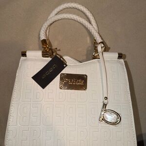 Bebe Embossed White Satchel with Gold Details